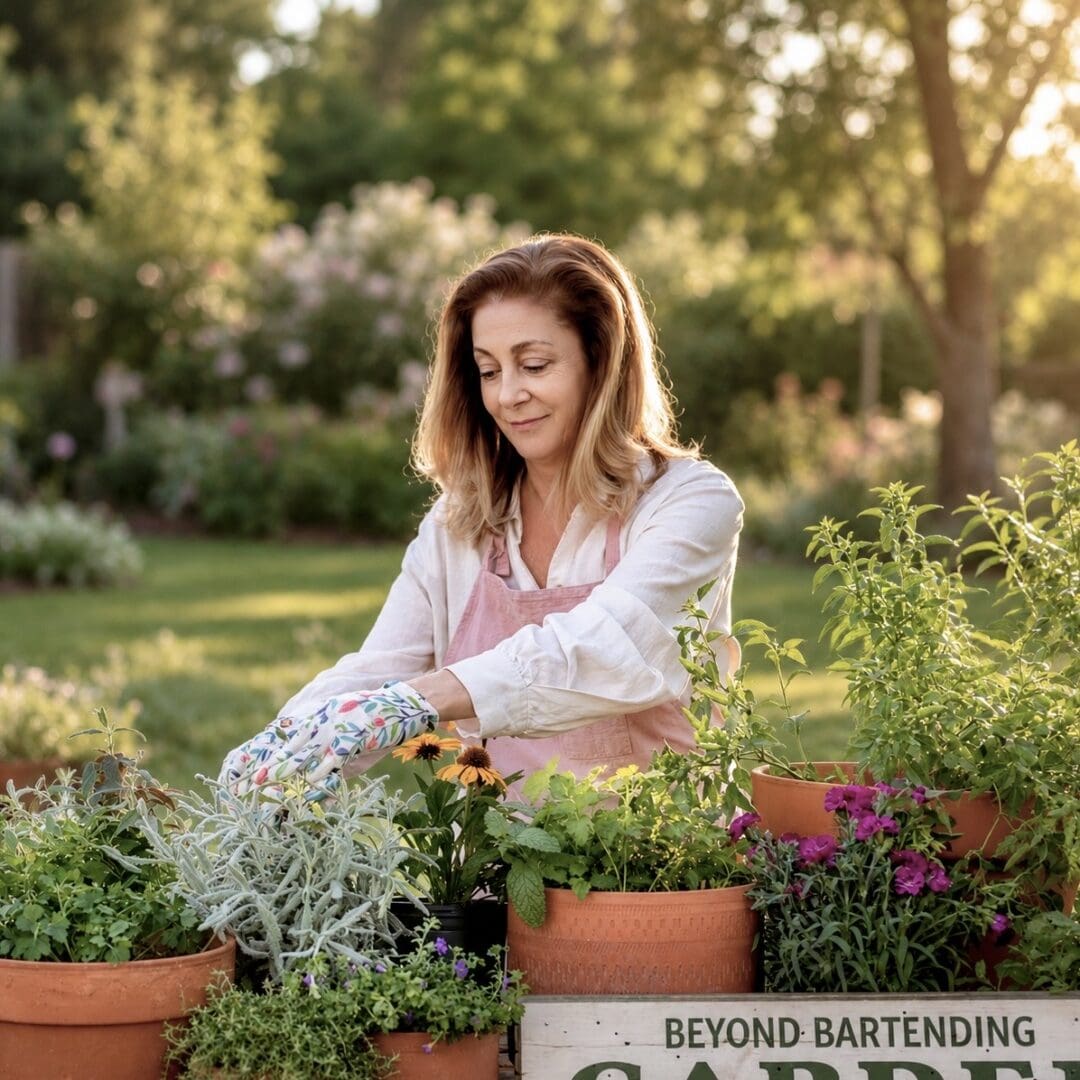 Woman gardening potted plants in sunny backyard
