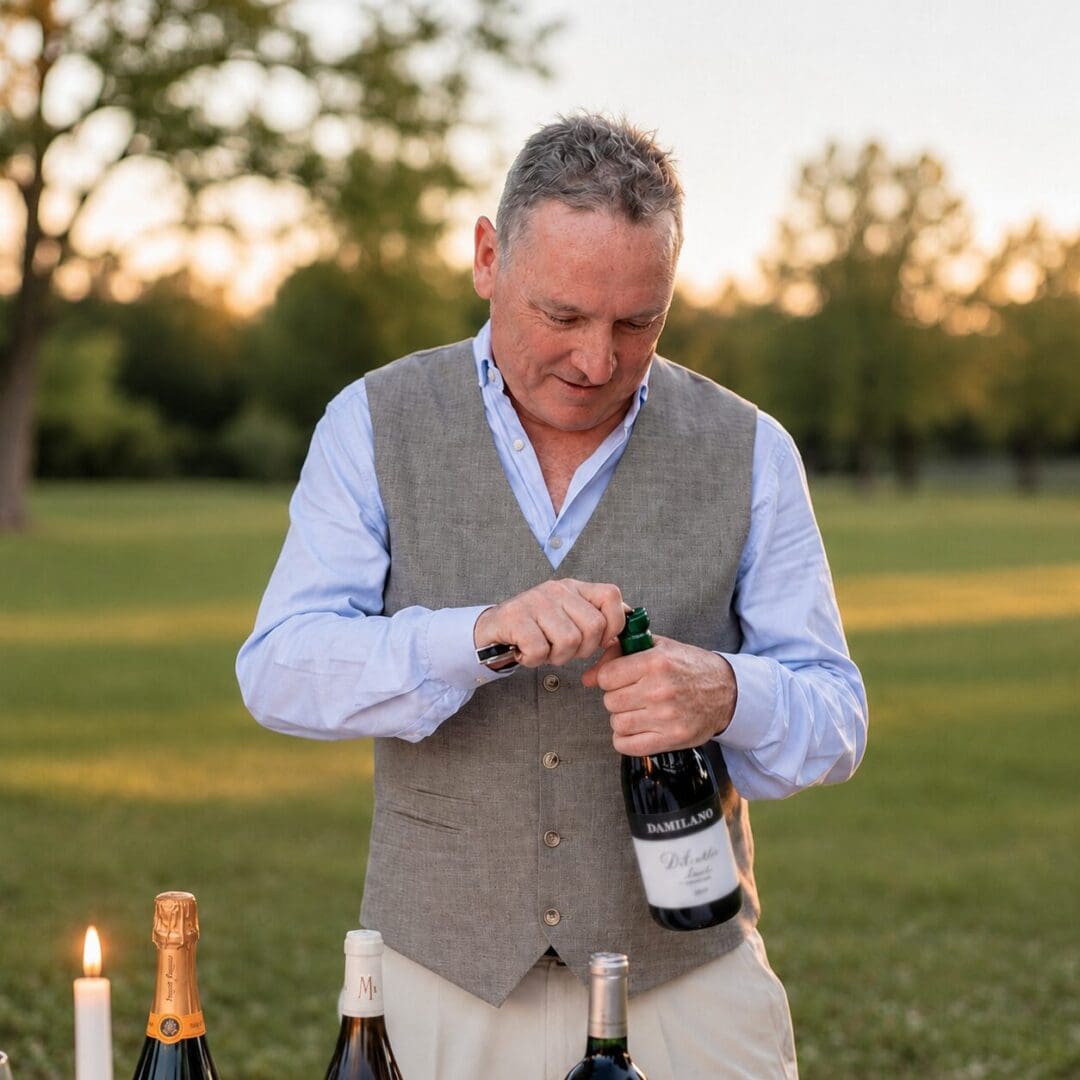 Man opening champagne bottle at outdoor sunset celebration